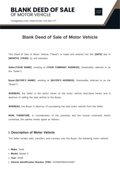 Free Blank Deed Of Sale Of Motor Vehicle Template to Edit Online