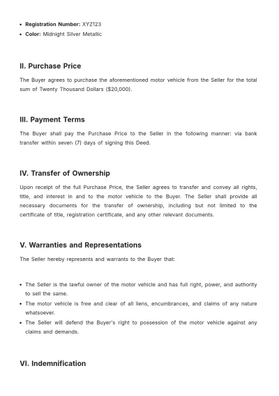 Free Blank Deed Of Sale Of Motor Vehicle Template to Edit Online