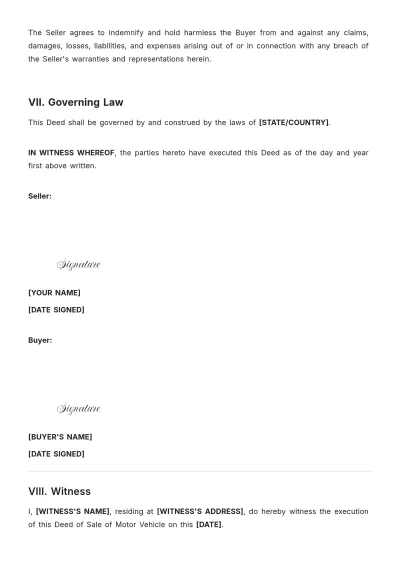 Free Blank Deed Of Sale Of Motor Vehicle Template to Edit Online