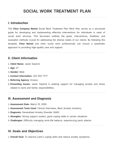 Free Social Work Treatment Plan Template to Edit Online
