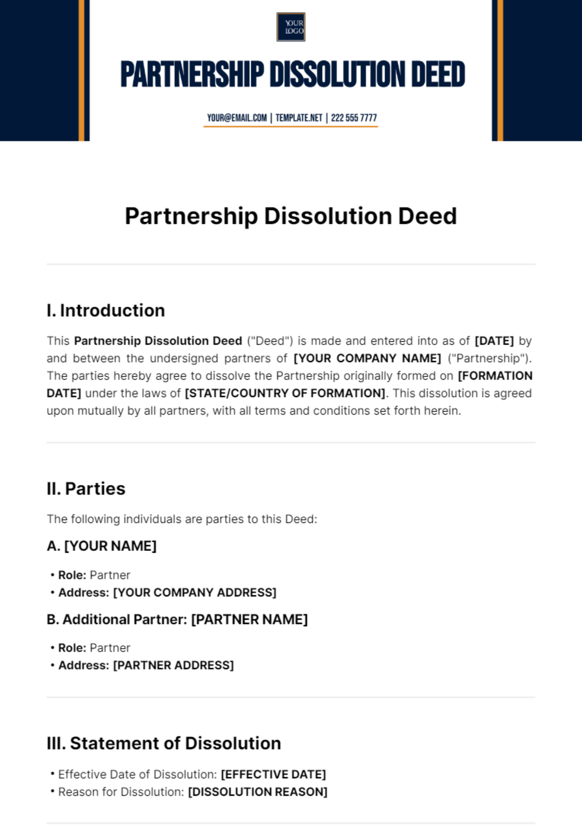 Partnership Dissolution Deed Template - Edit Online & Download