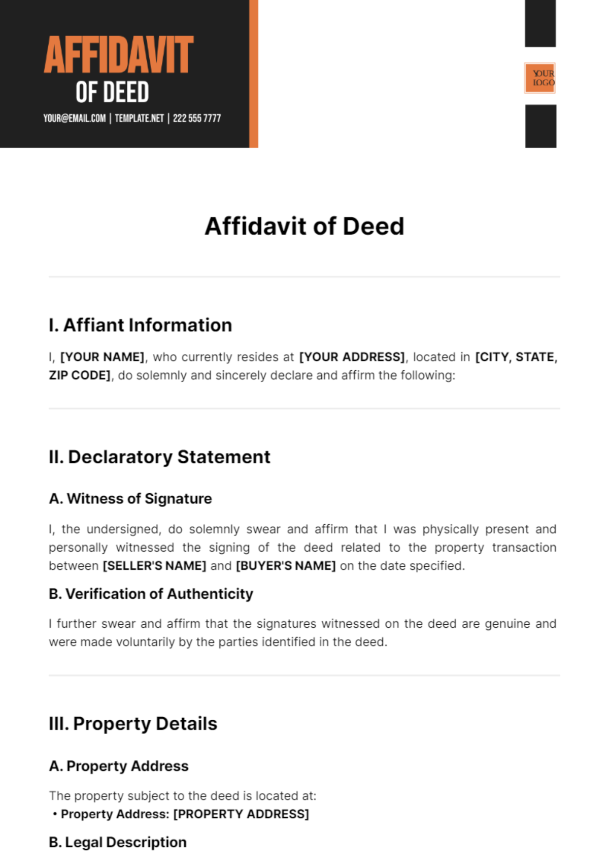 Affidavit of Deed Template - Edit Online & Download