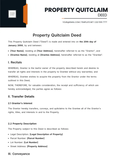 Free Property Quitclaim Deed Template to Edit Online