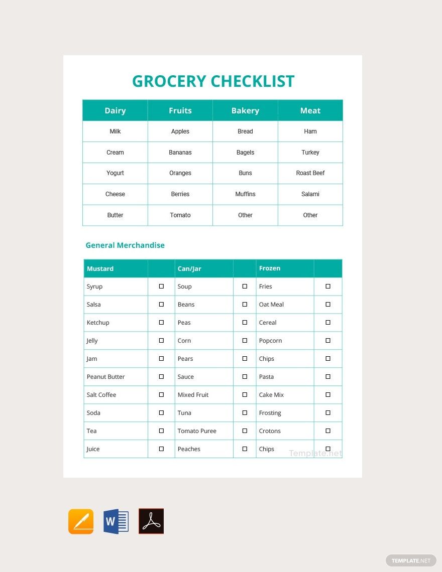 Sample Grocery Checklist Template Google Docs, Word, Apple Pages, PDF