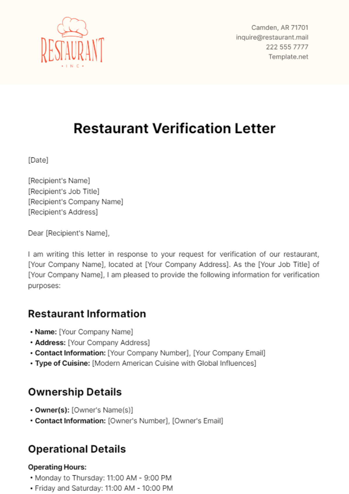 Restaurant Verification Letter Template - Edit Online & Download