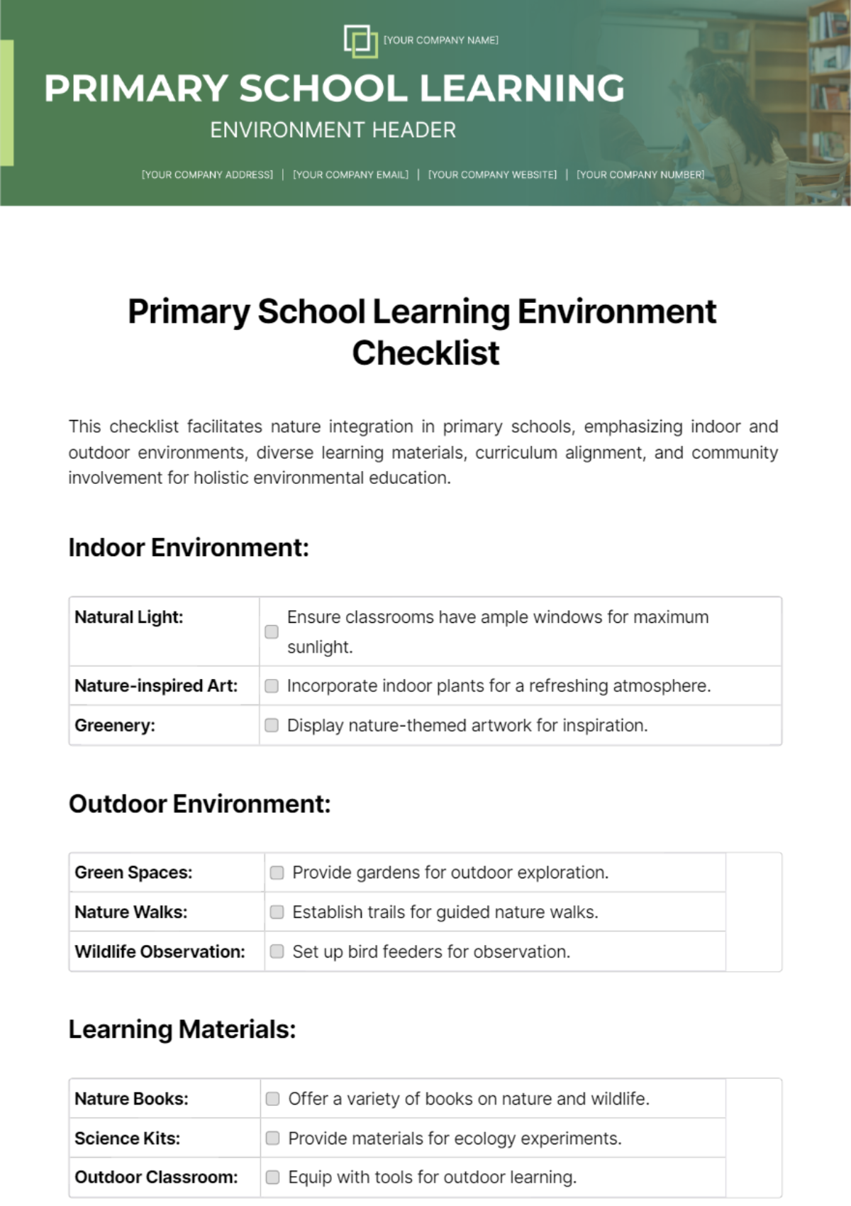 Free Primary School Learning Environment Checklist Template