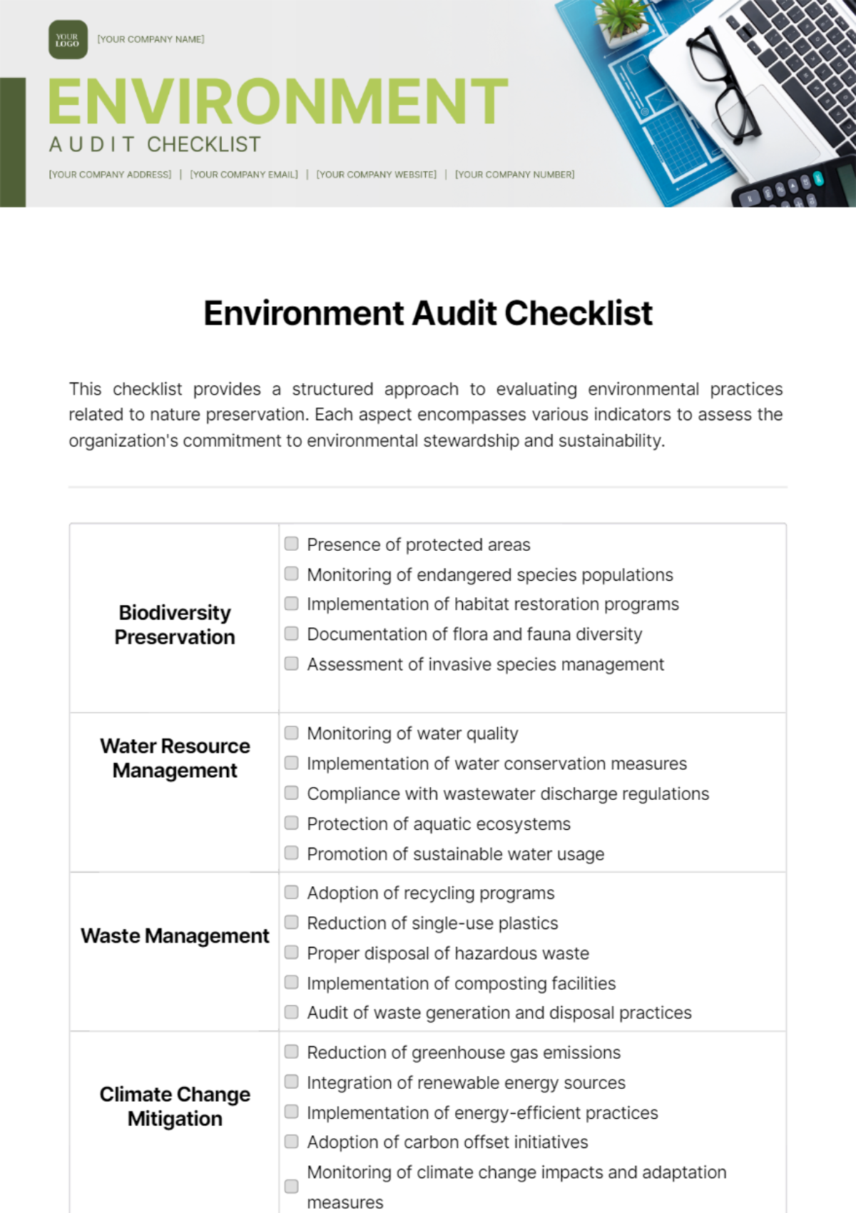 Environment Audit Checklist Template