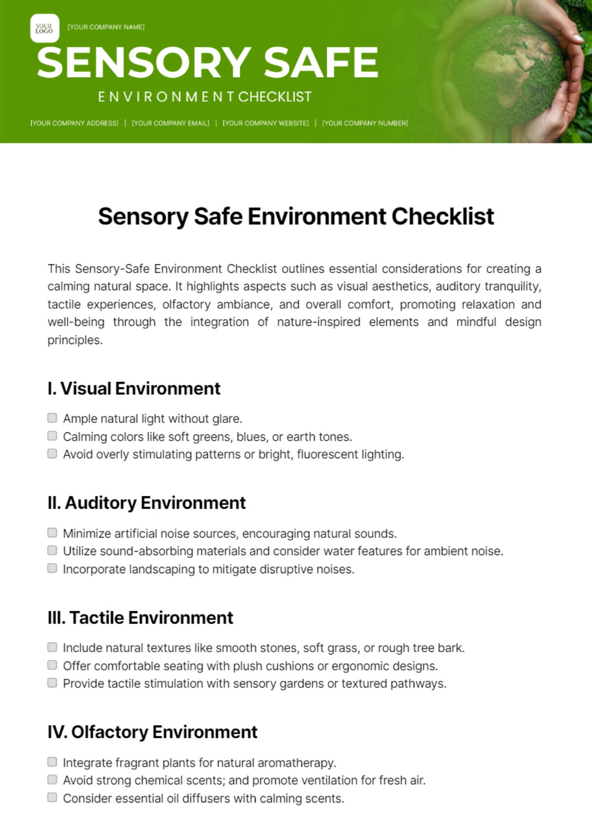 Sensory Safe Environment Checklist Template - Edit Online & Download