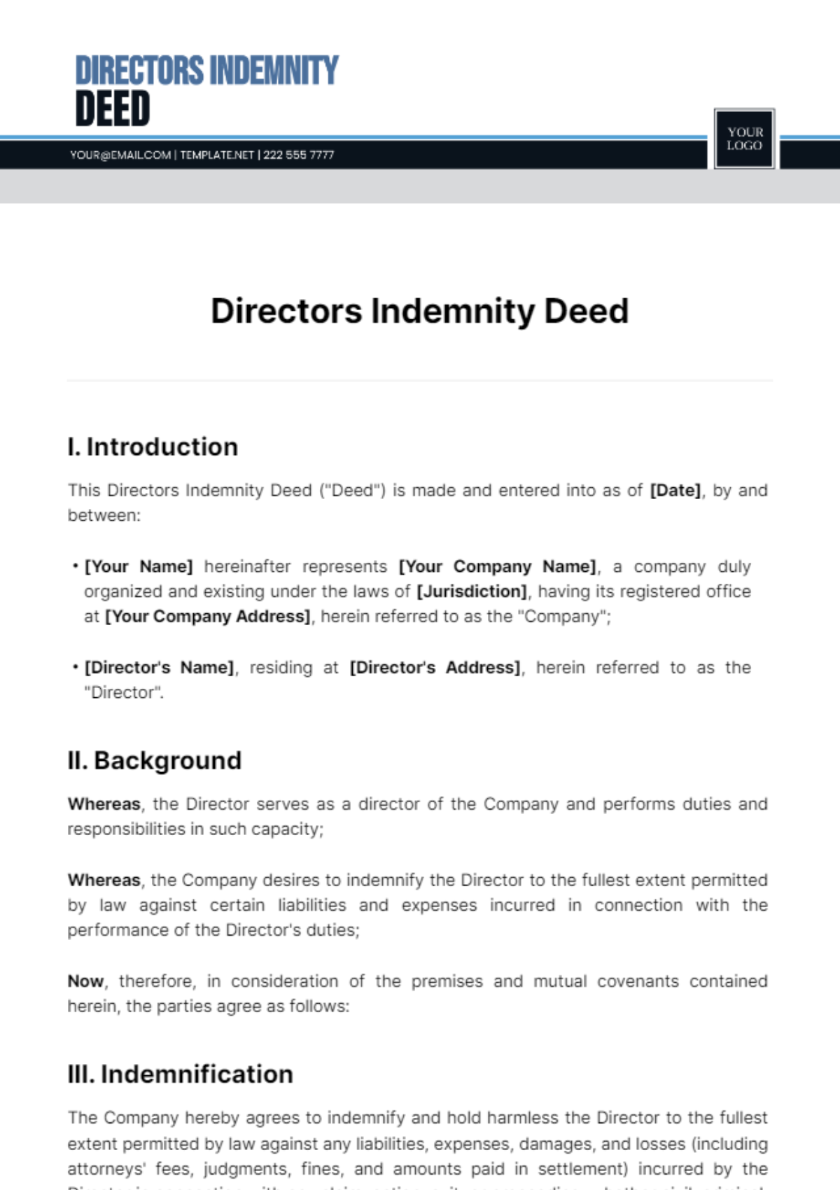 Directors Indemnity Deed Template - Edit Online & Download