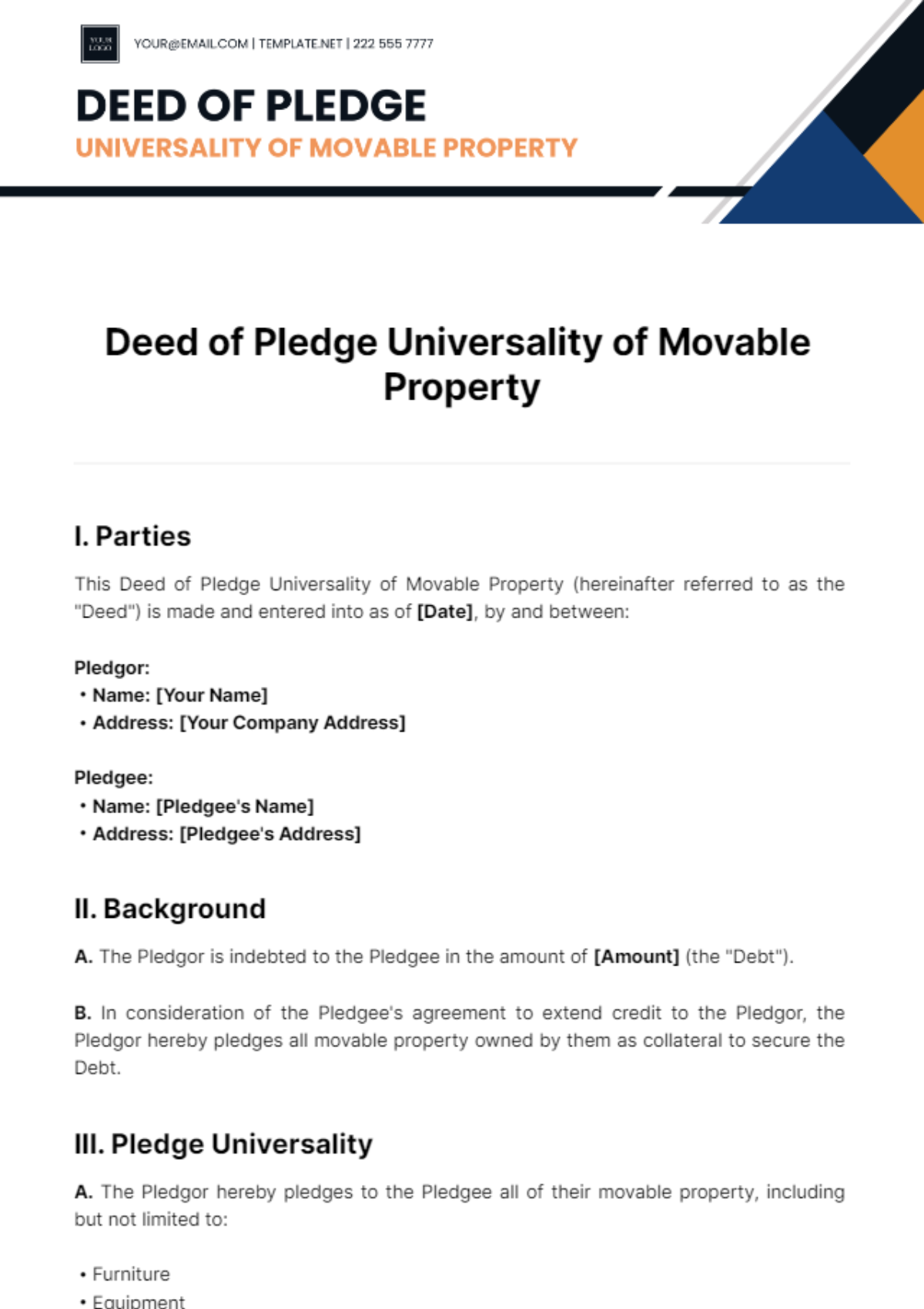 Deed of Pledge Universality of Movable Property Template - Edit Online & Download