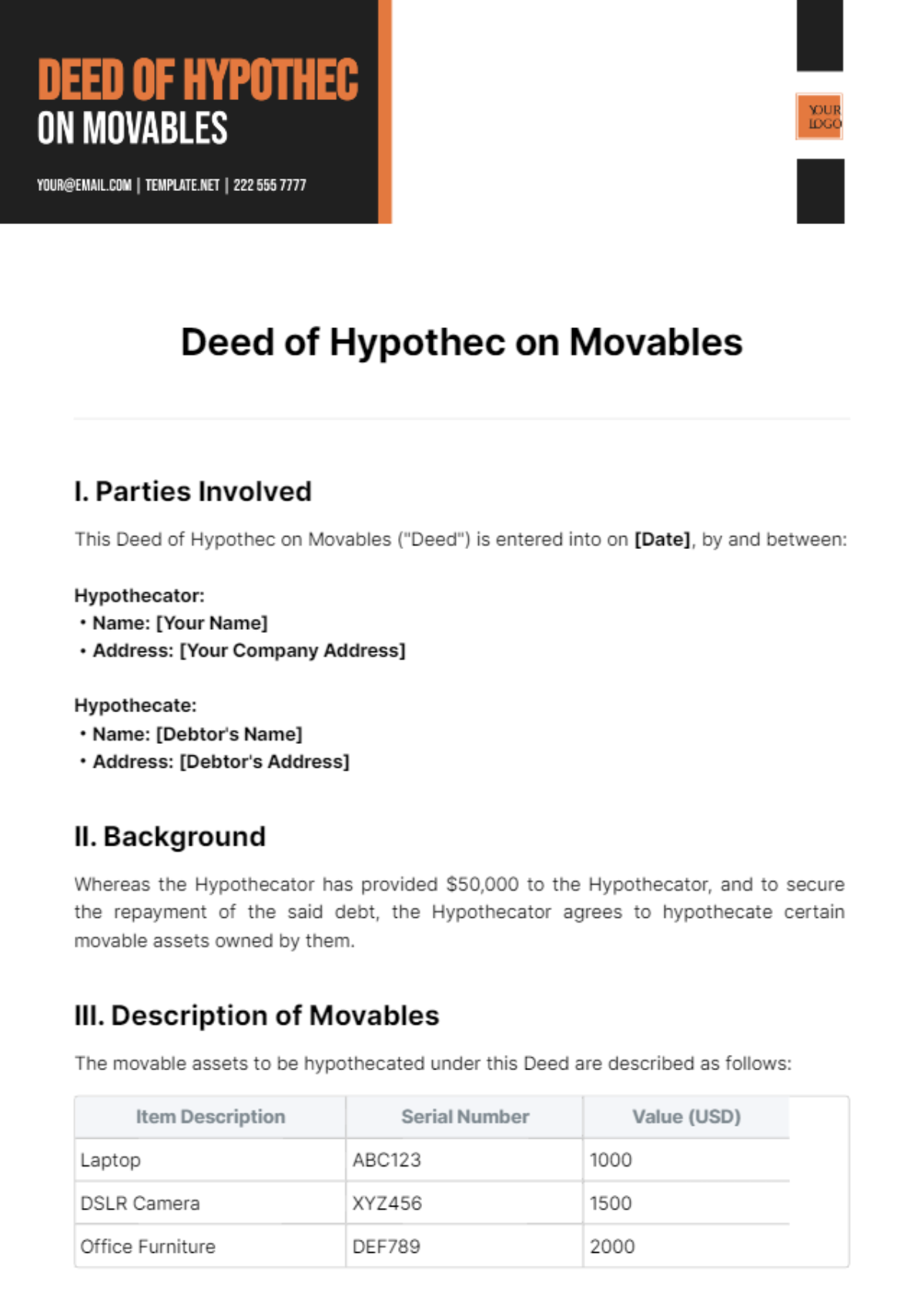 Deed of Hypothec on Movables Template - Edit Online & Download