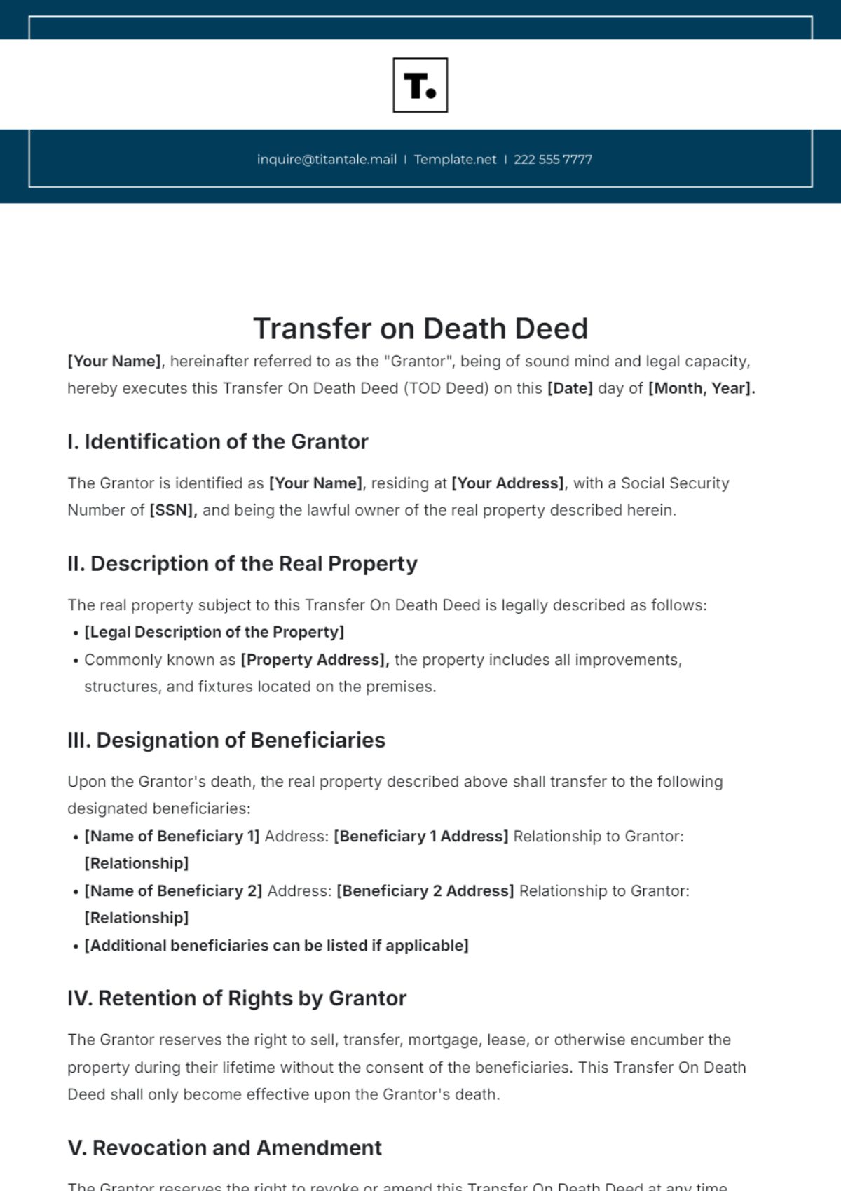 Transfer on Death Deed Template