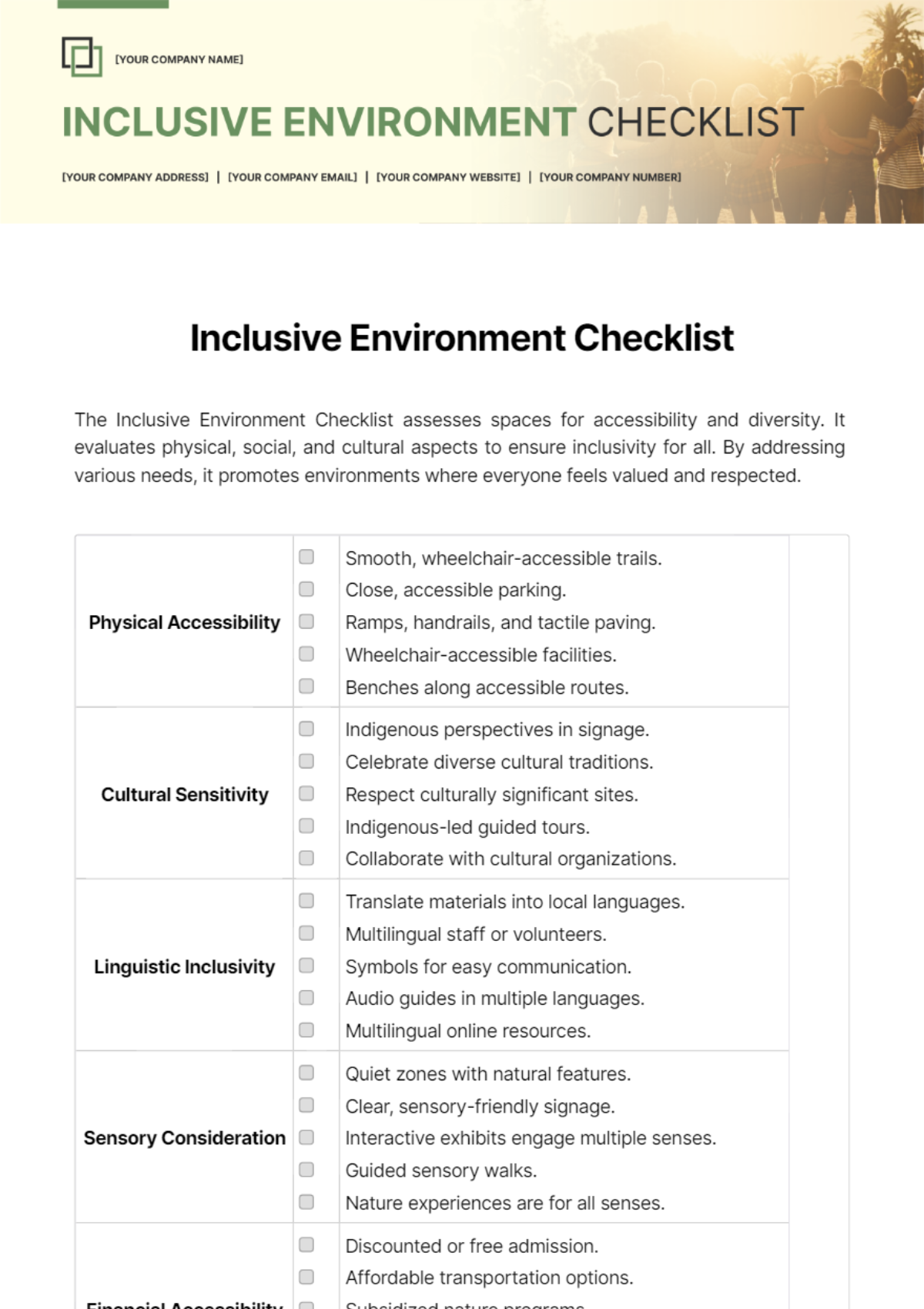 Free Inclusive Environment Checklist Template