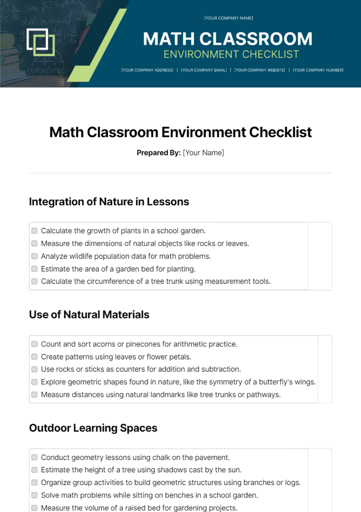Free Math Classroom Environment Checklist Template