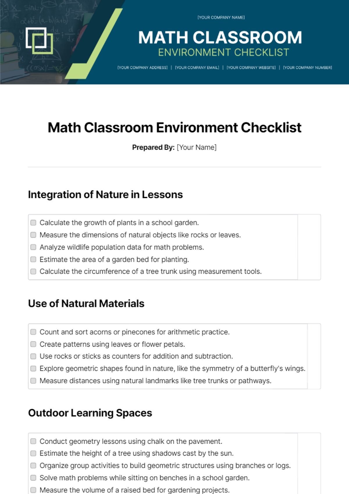 Math Classroom Environment Checklist Template - Edit Online & Download