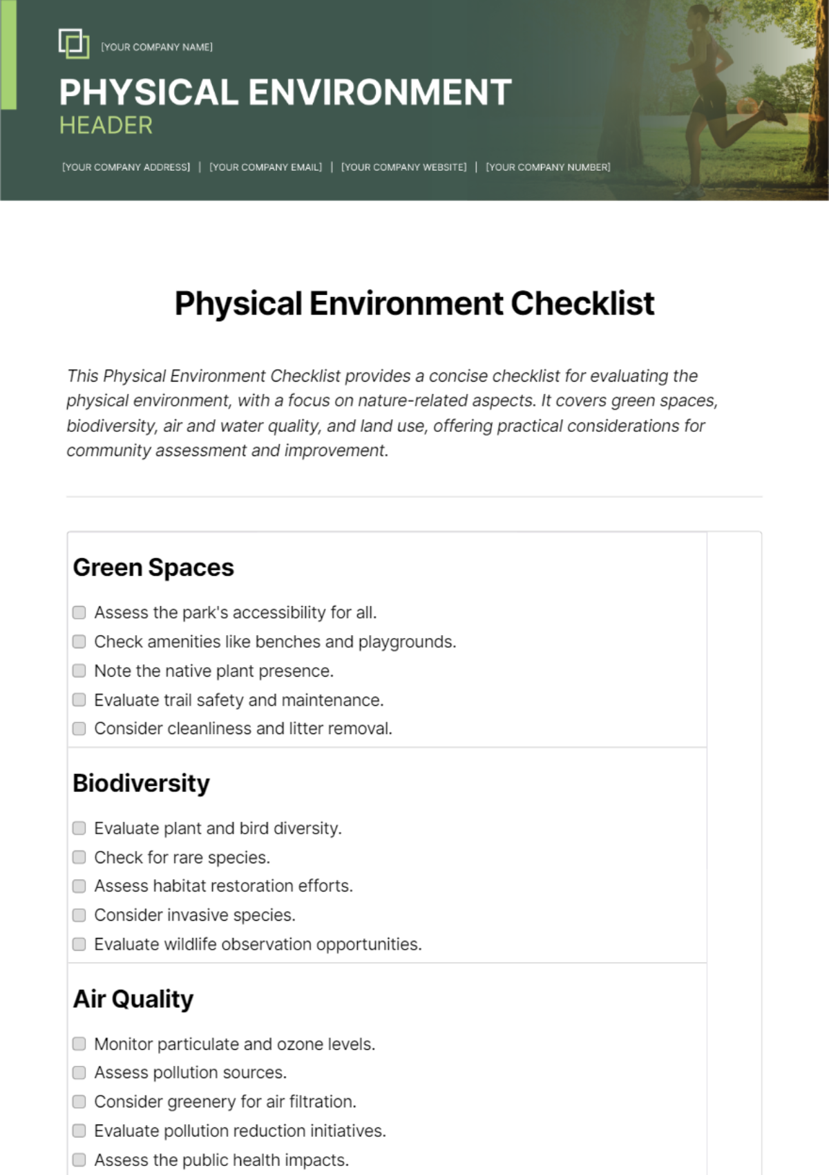 Free Physical Environment Checklist Template