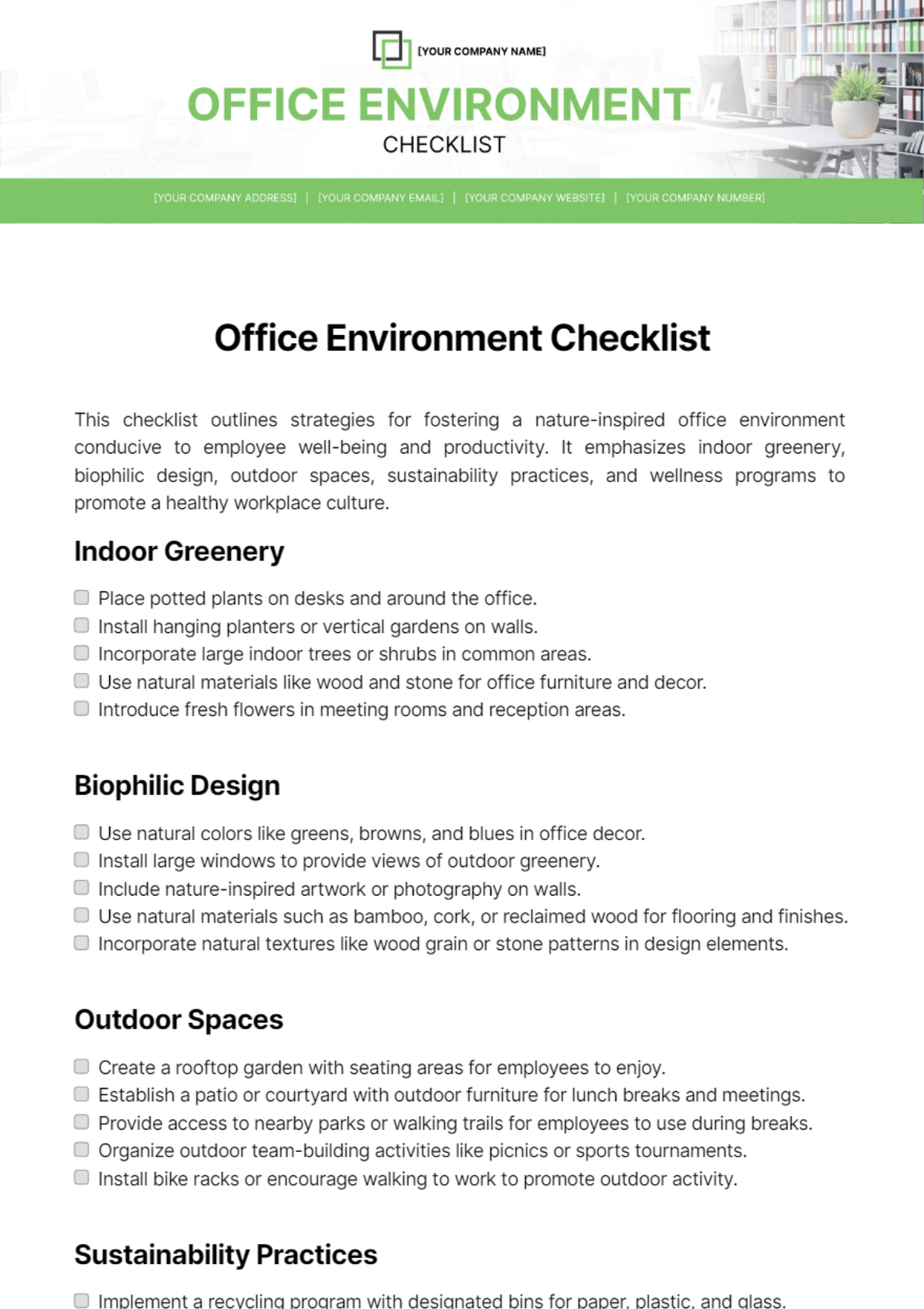 Free Office Environment Checklist Template