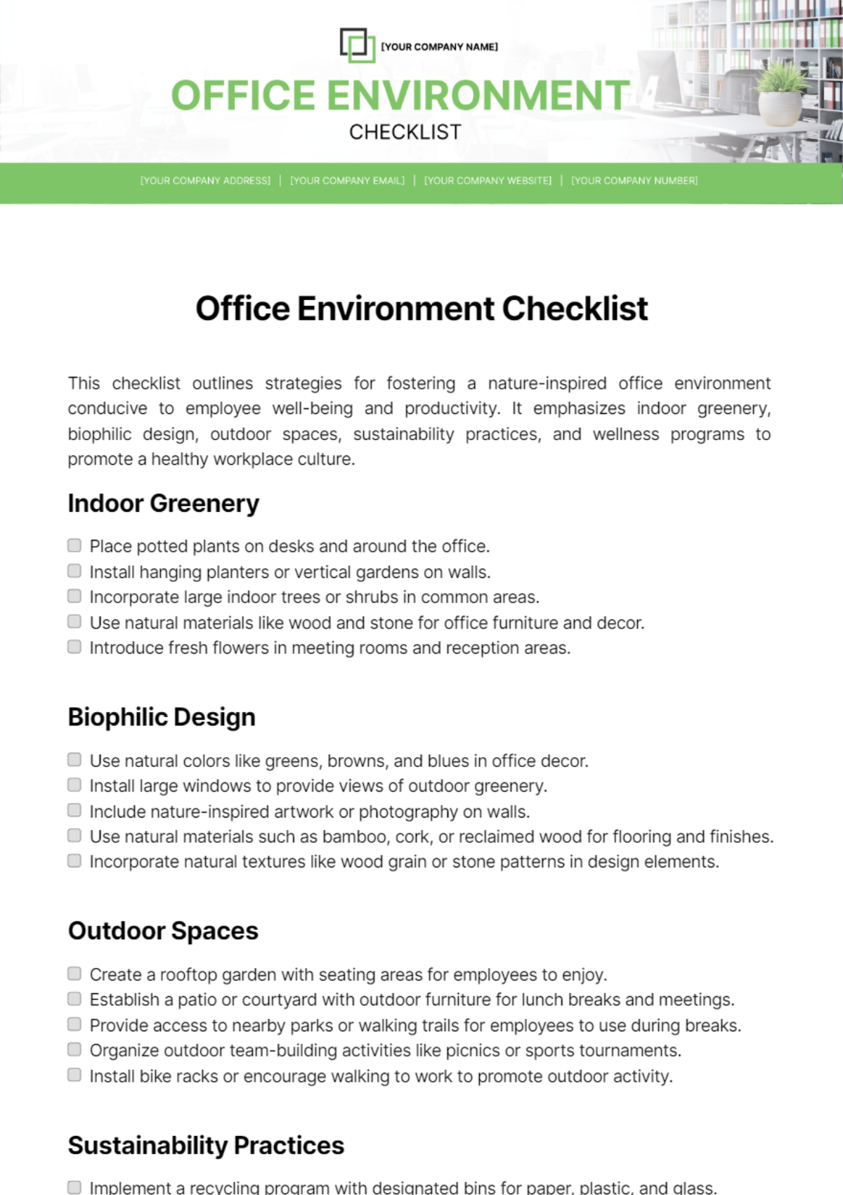 Office Environment Checklist Template - Edit Online & Download