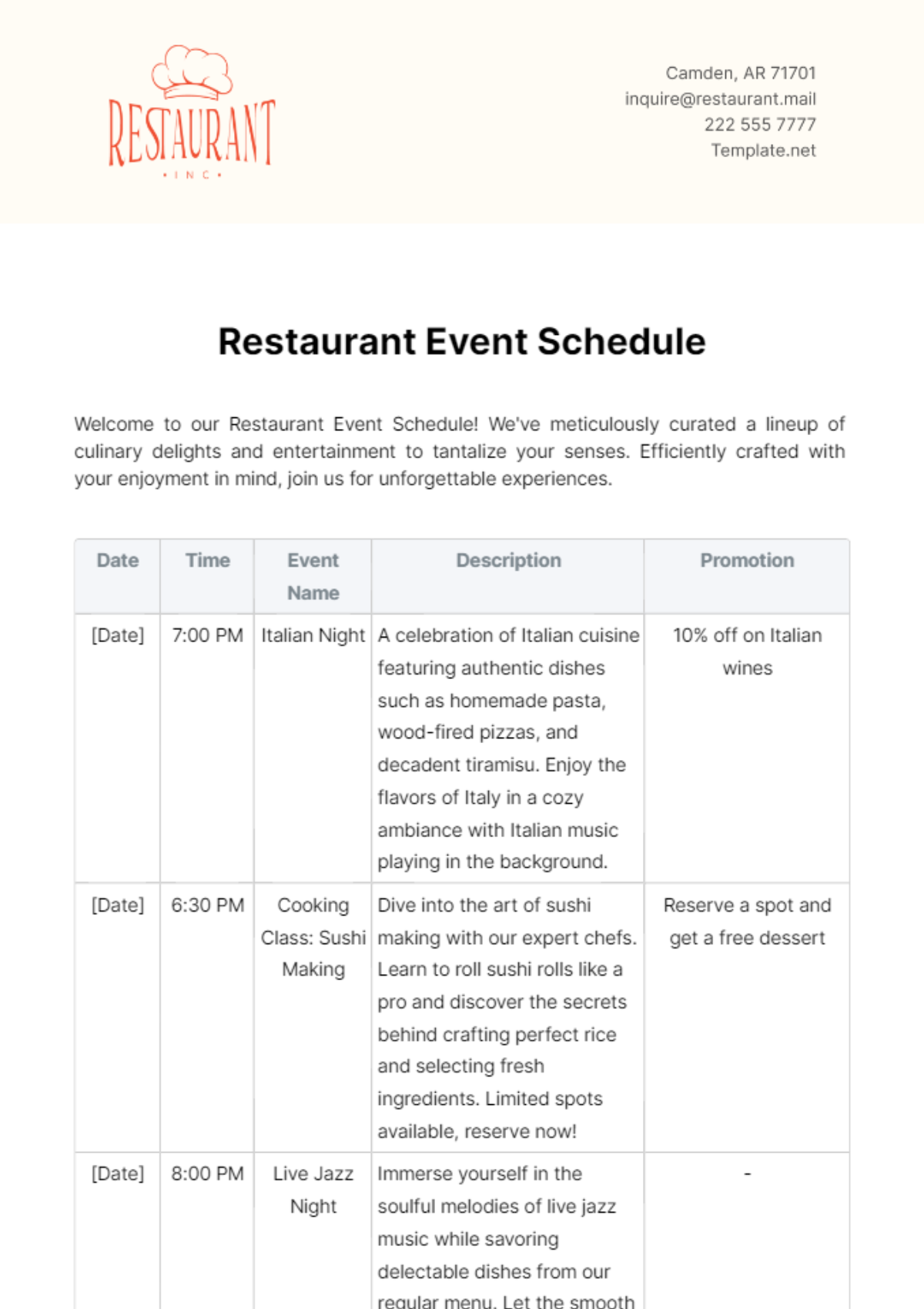 Restaurant Event Schedule Template - Edit Online & Download