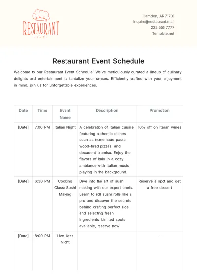 Free Restaurant Event Schedule Template to Edit Online