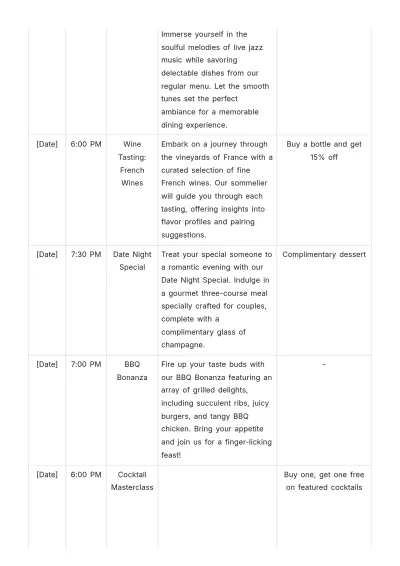 Free Restaurant Event Schedule Template to Edit Online