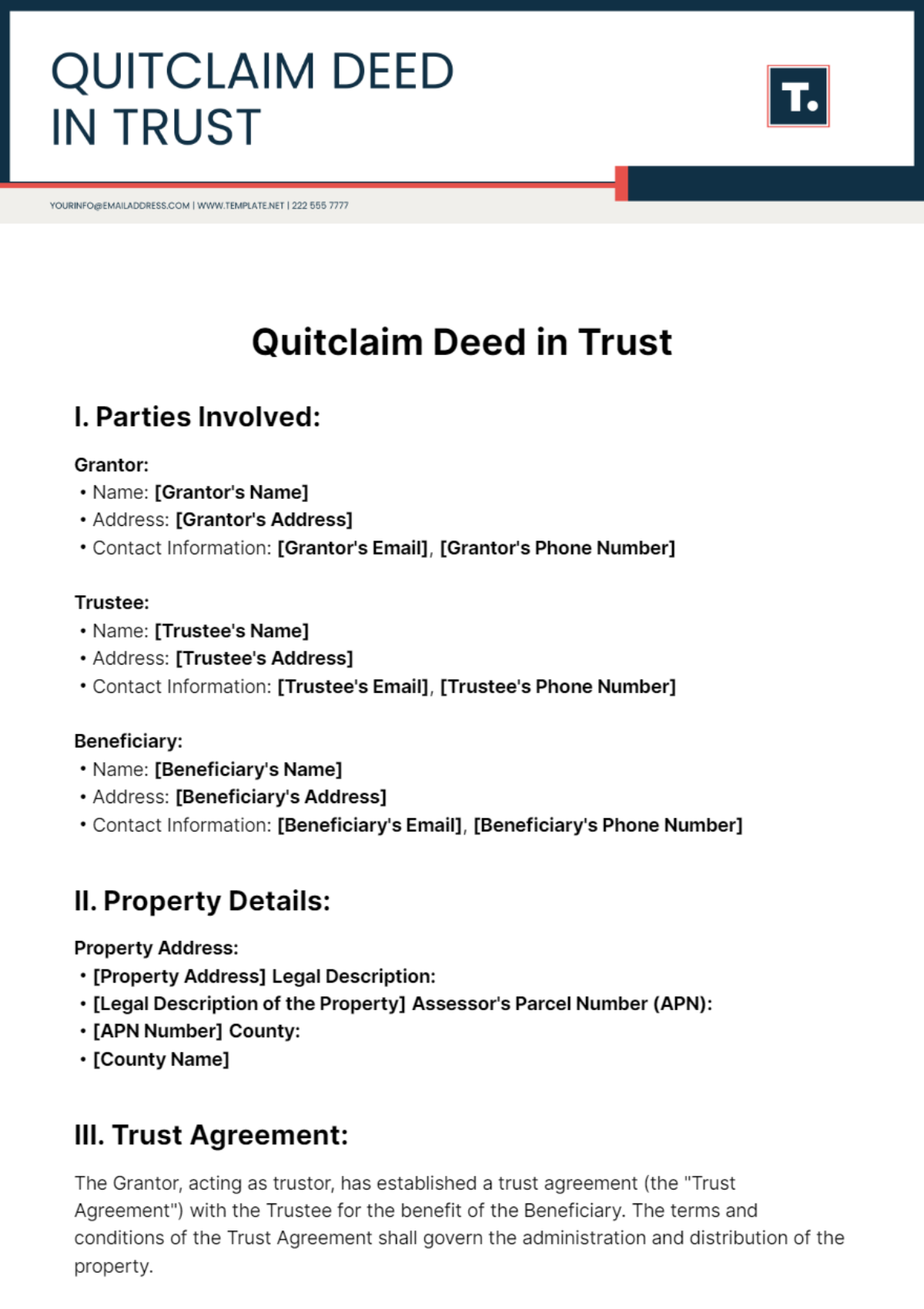 Free Quitclaim Deed in Trust Template