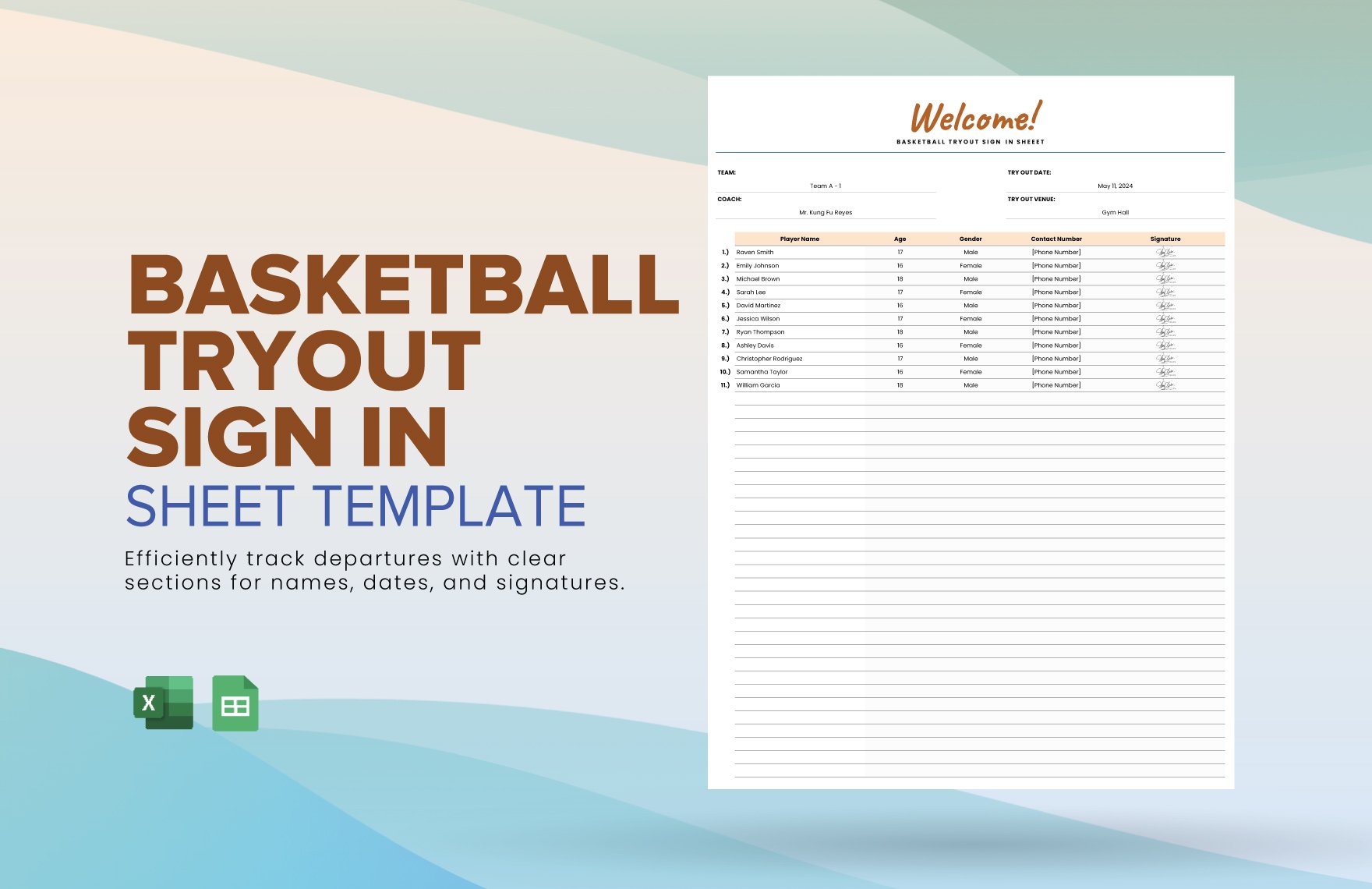 Basketball Tryout Sign in Sheet Template in Excel, Google Sheets