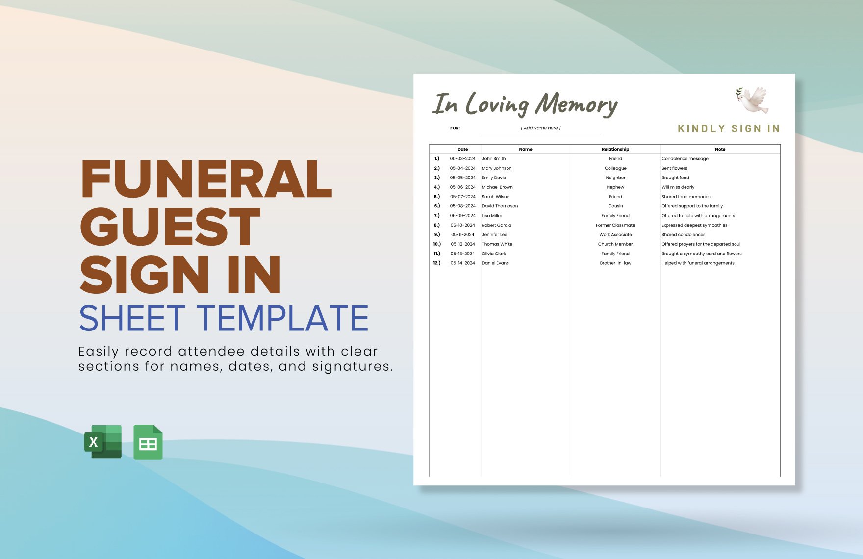 Funeral Guest Sign in Sheet Template in Excel, Google Sheets