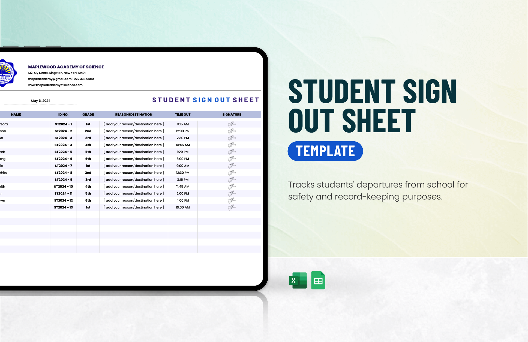 Student Sign Out Sheet Template in Excel, Google Sheets