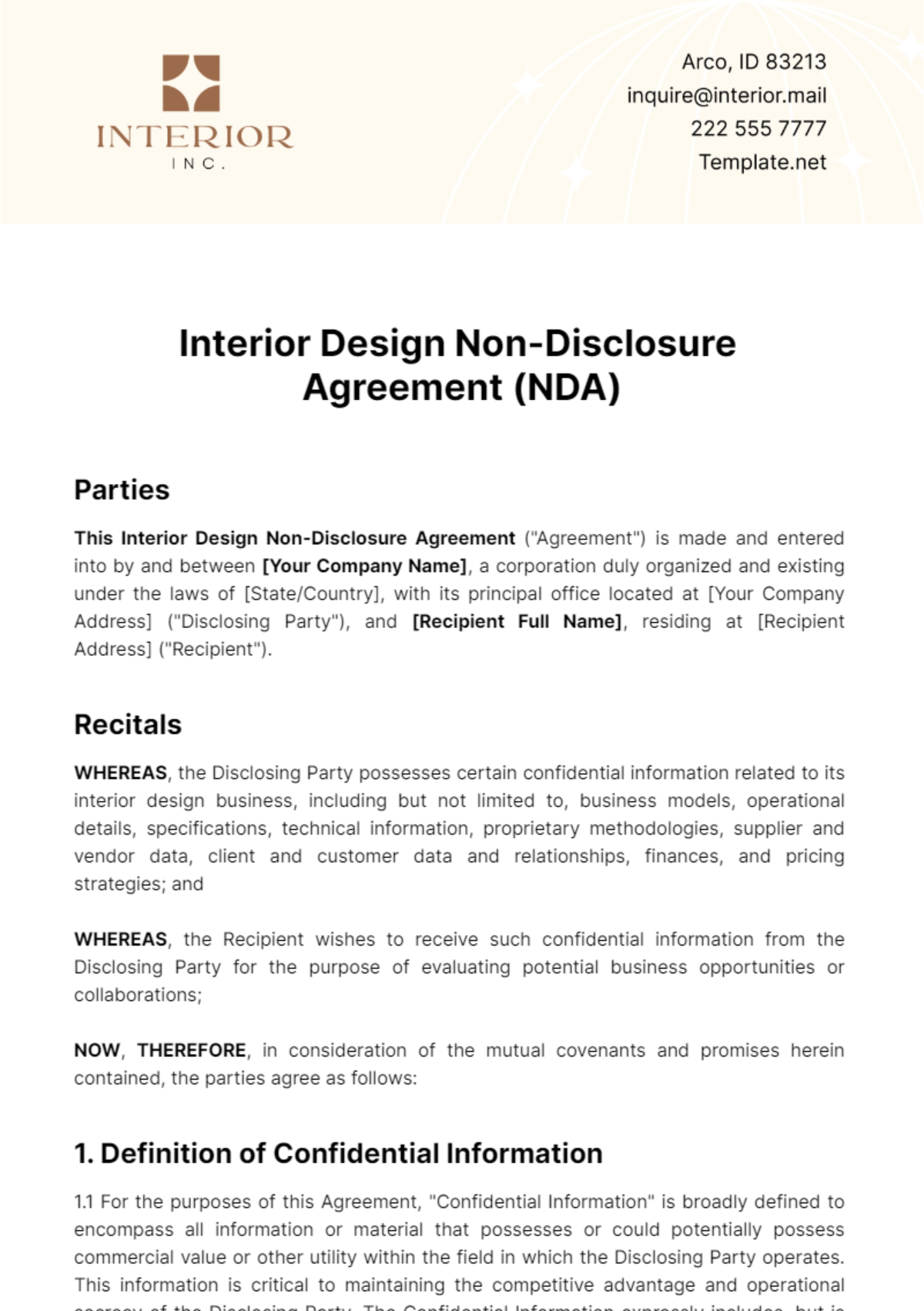 Interior Design Non-Disclosure Agreement Template - Edit Online & Download