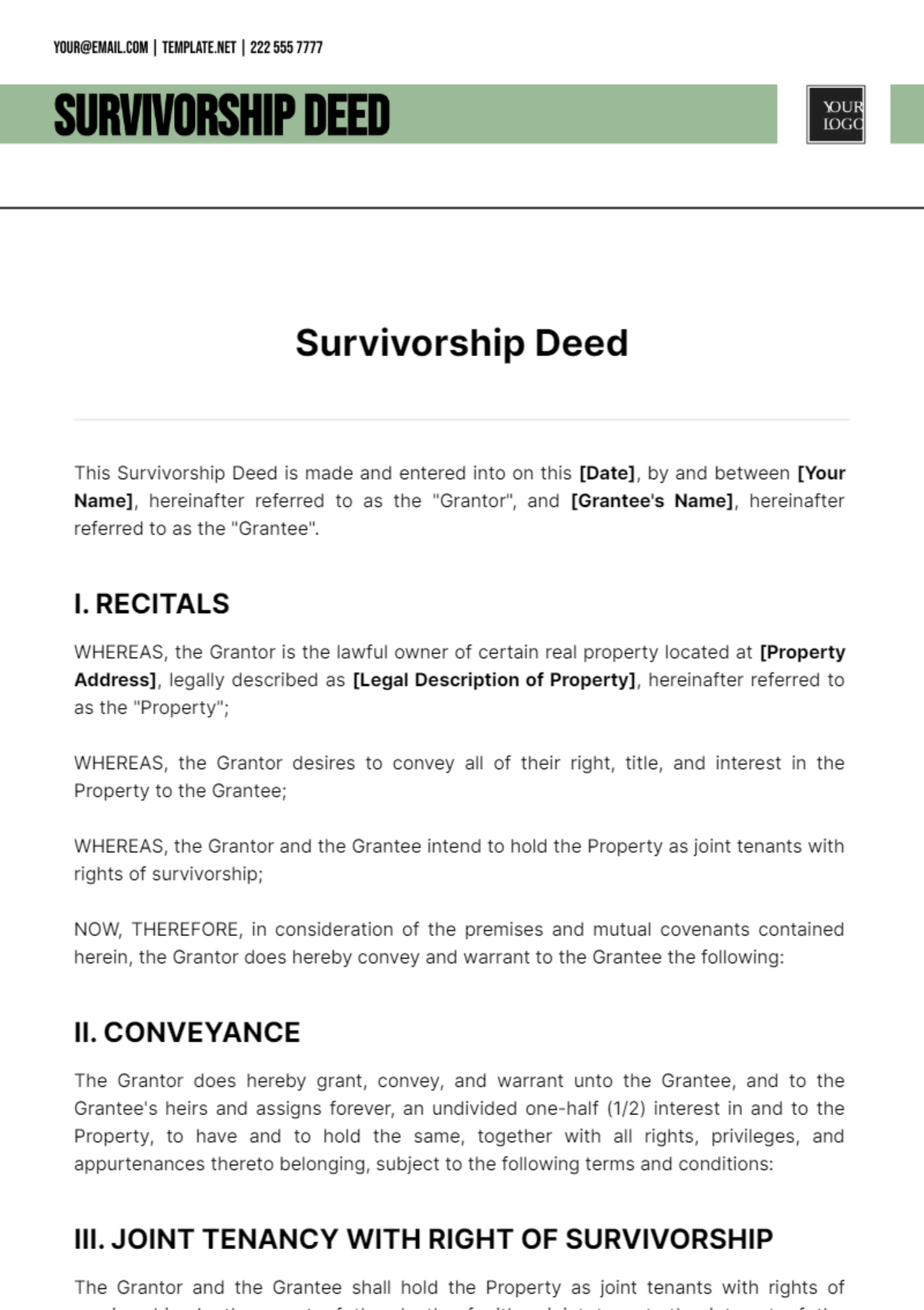 Survivorship Deed Template - Edit Online & Download