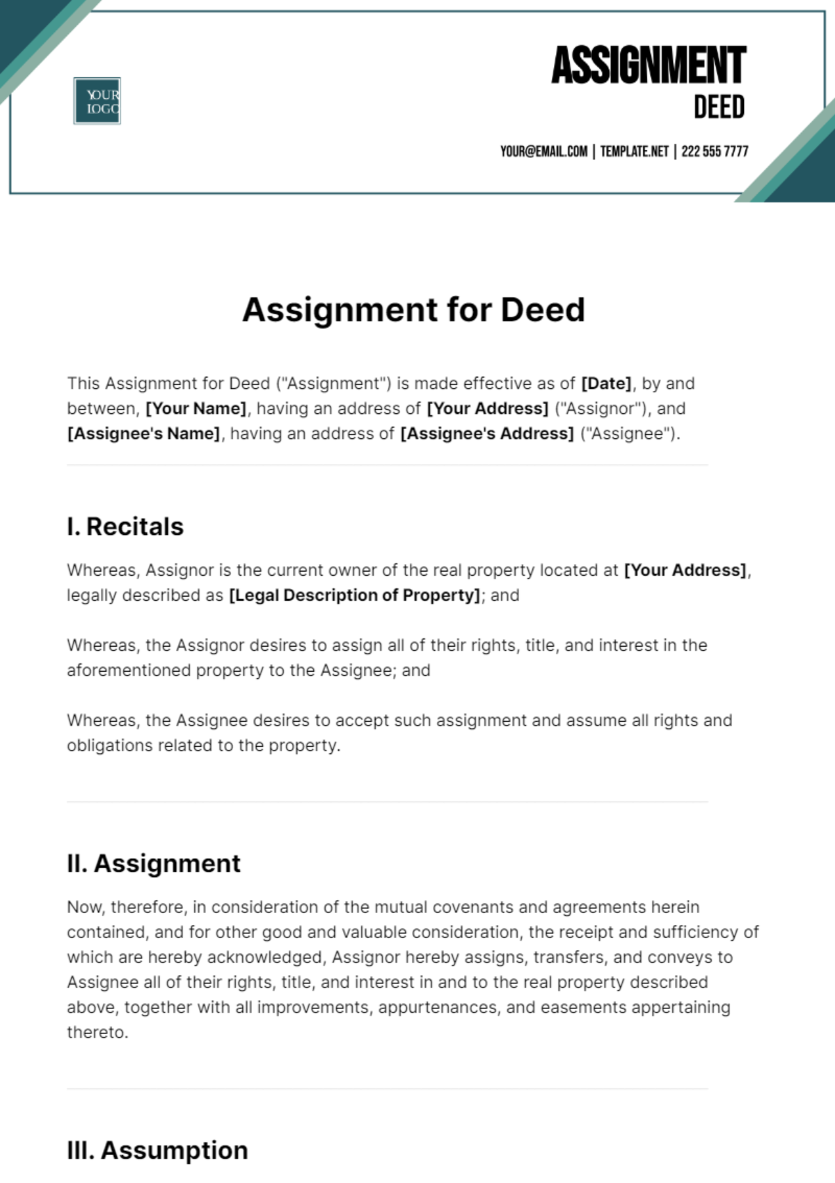 Free Assignment for Deed Template