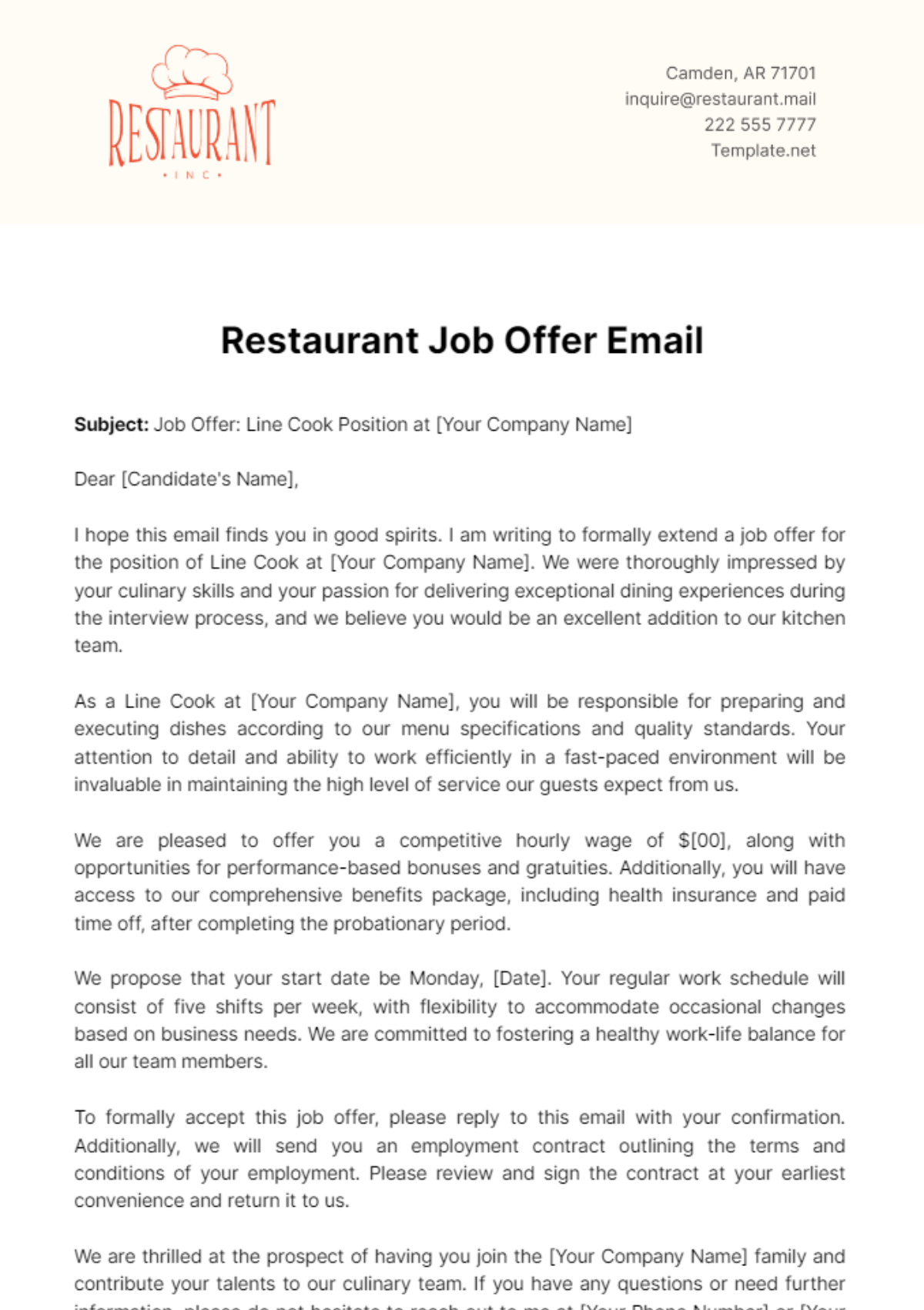 Free Restaurant Job Offer Email Template