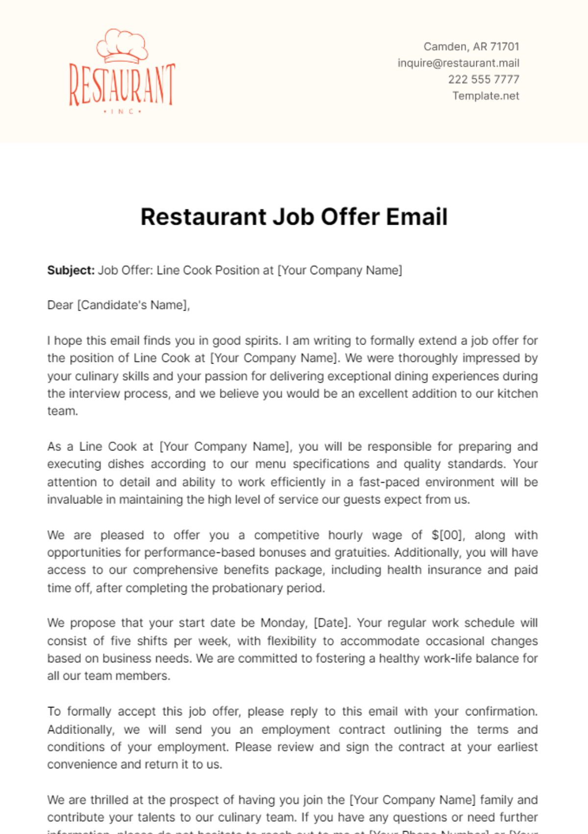 Restaurant Job Offer Email Template - Edit Online & Download