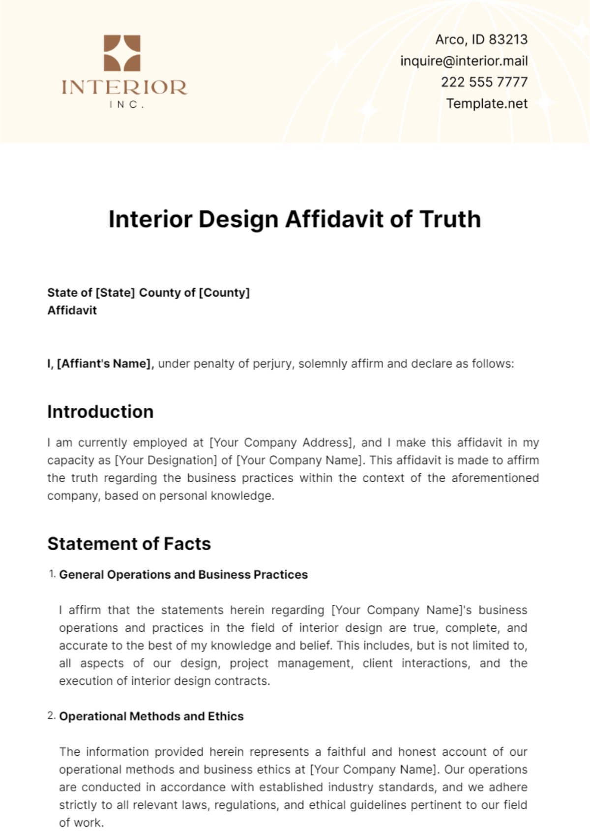 Interior Design Affidavit of Truth Template - Edit Online & Download