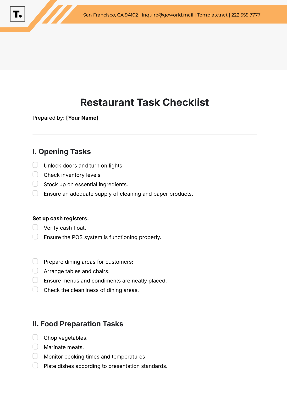 Restaurant Task Checklist Template - Edit Online & Download