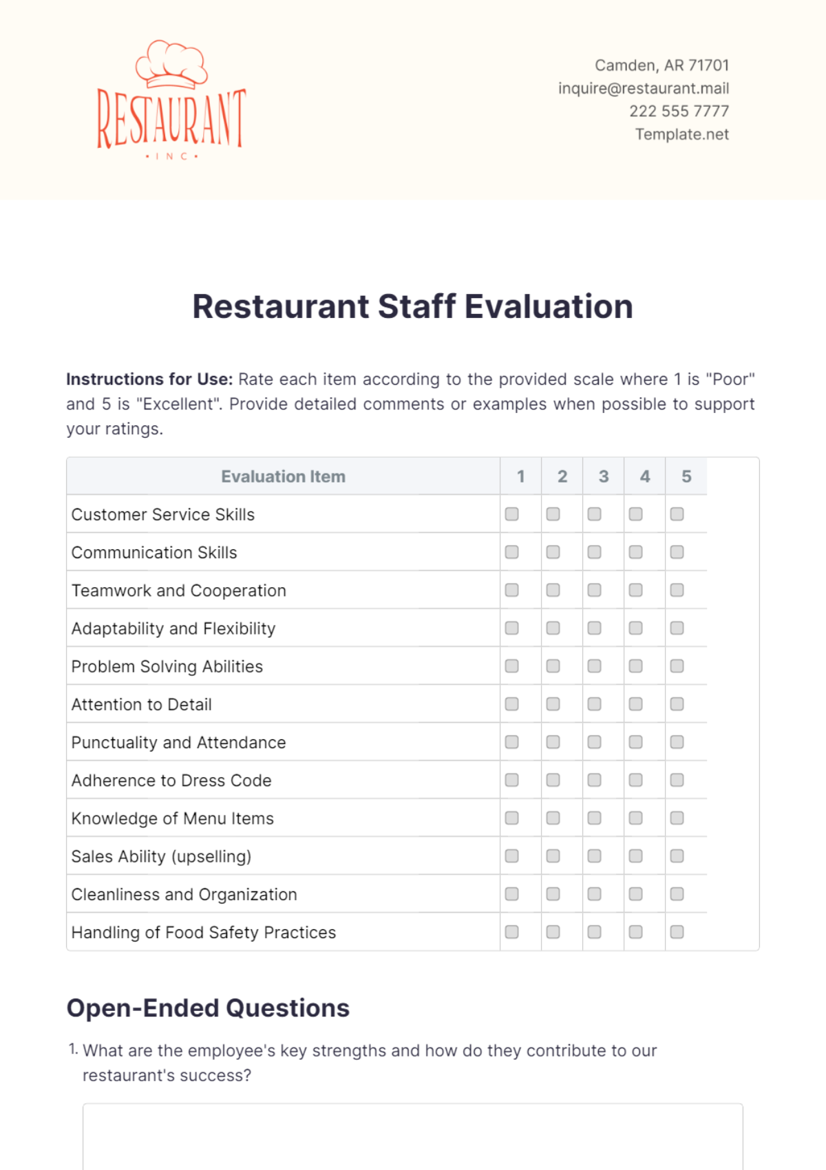 Restaurant Staff Evaluation Template - Edit Online & Download