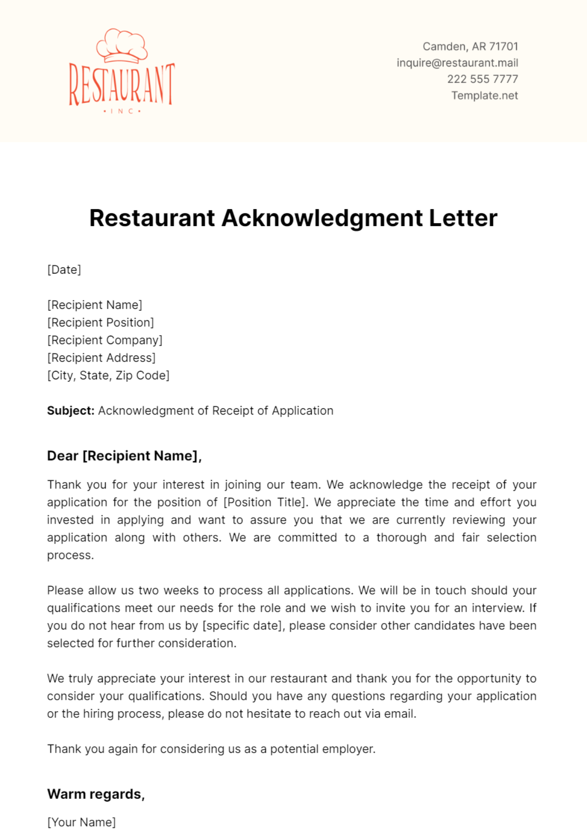 Restaurant Acknowledgement Letter Template - Edit Online & Download