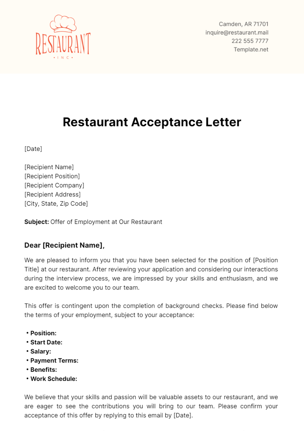 Restaurant Acceptance Letter Template - Edit Online & Download