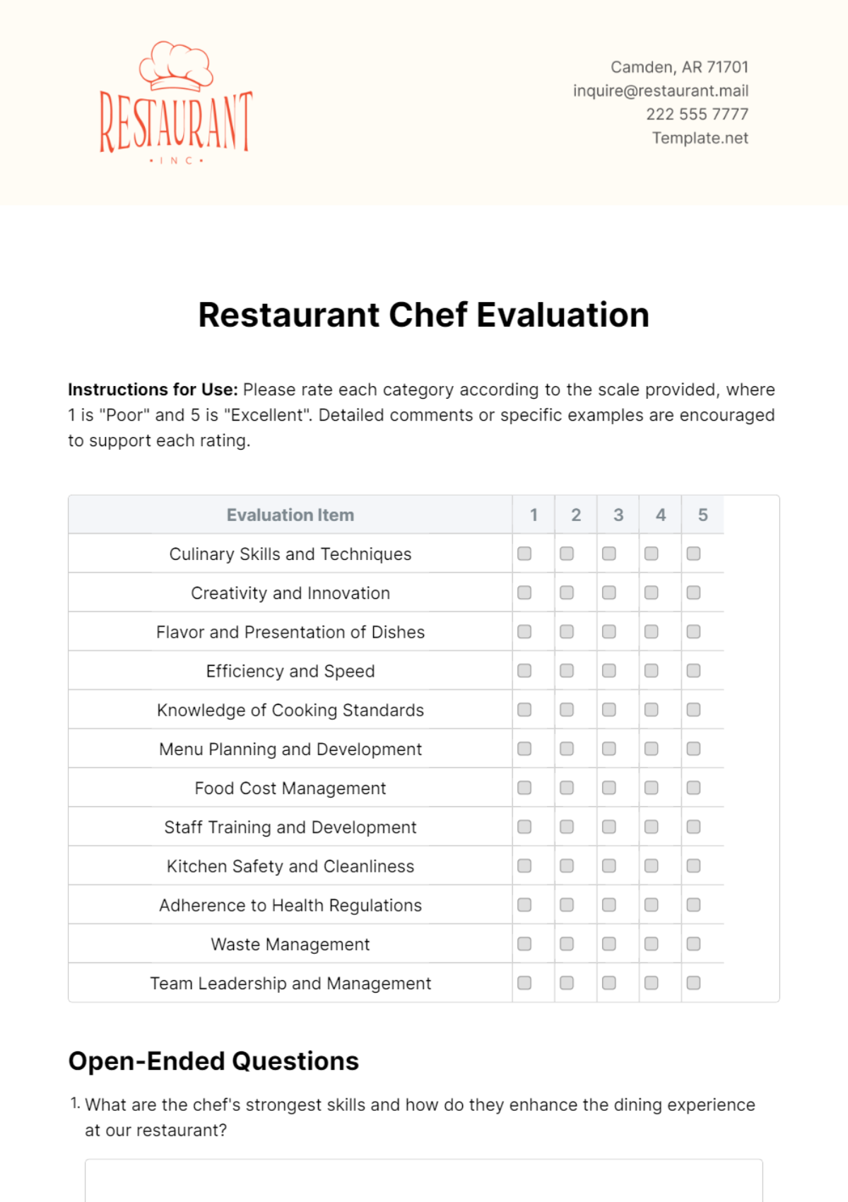 Free Restaurant Chef Evaluation Template to Edit Online