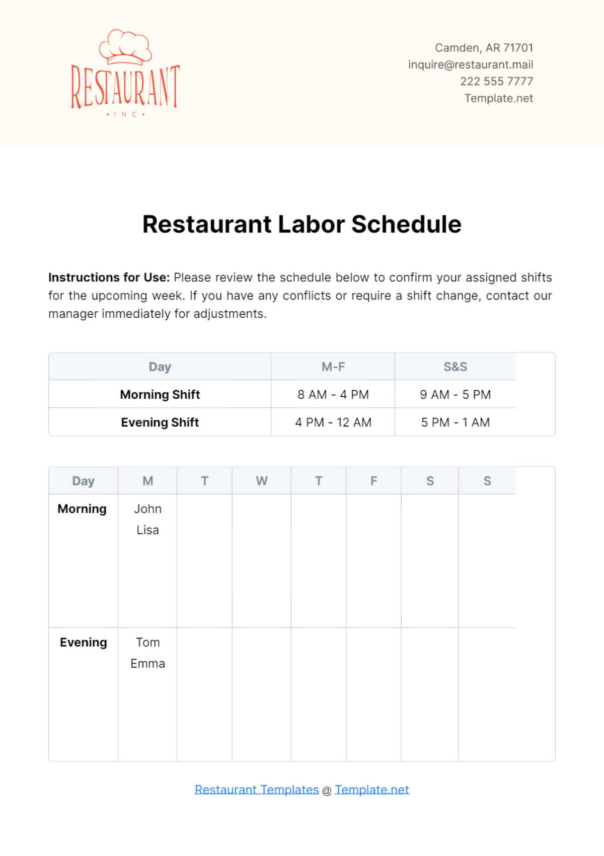 Restaurant Labor Schedule Template - Edit Online & Download