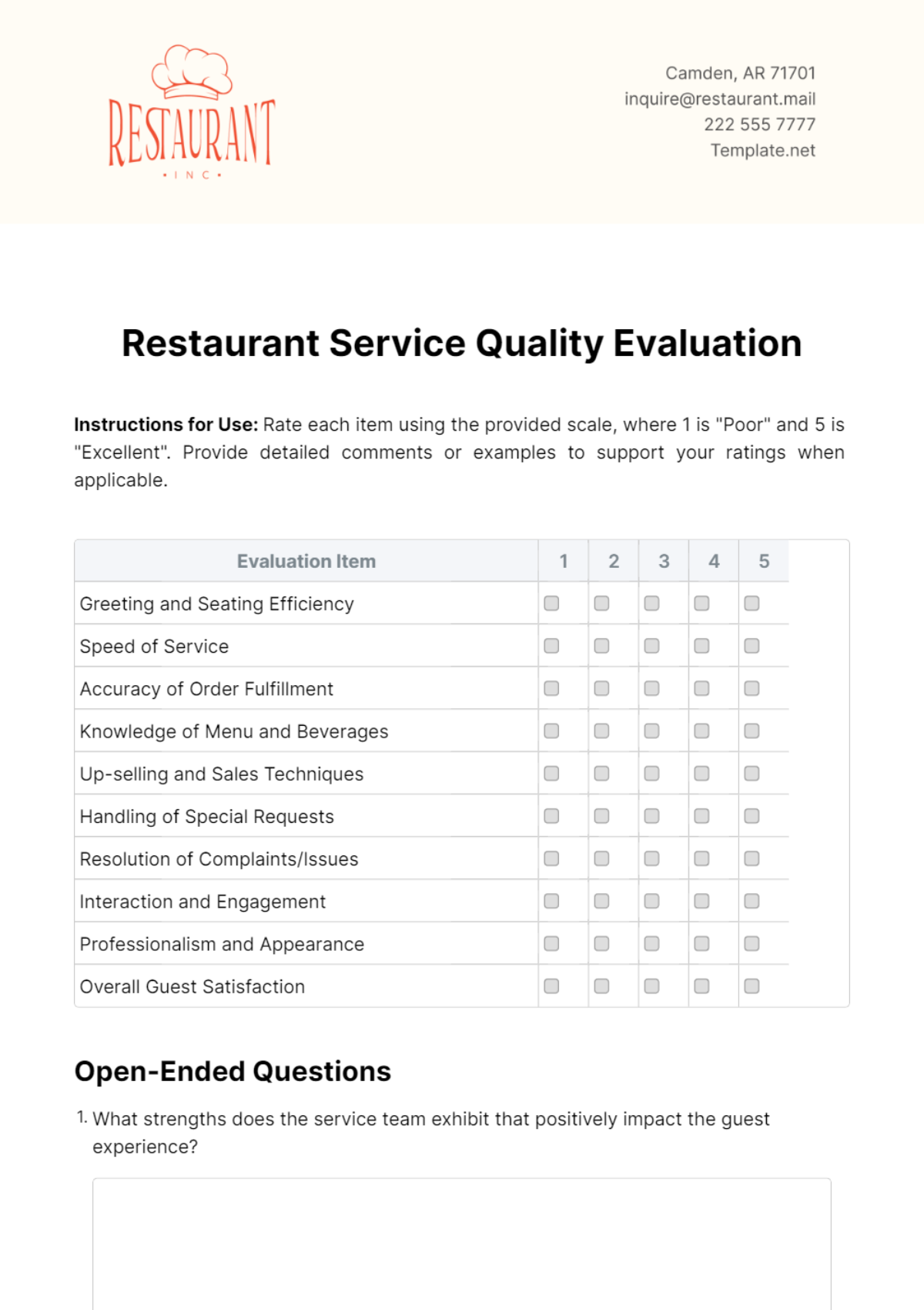 Restaurant Service Quality Evaluation Template - Edit Online & Download