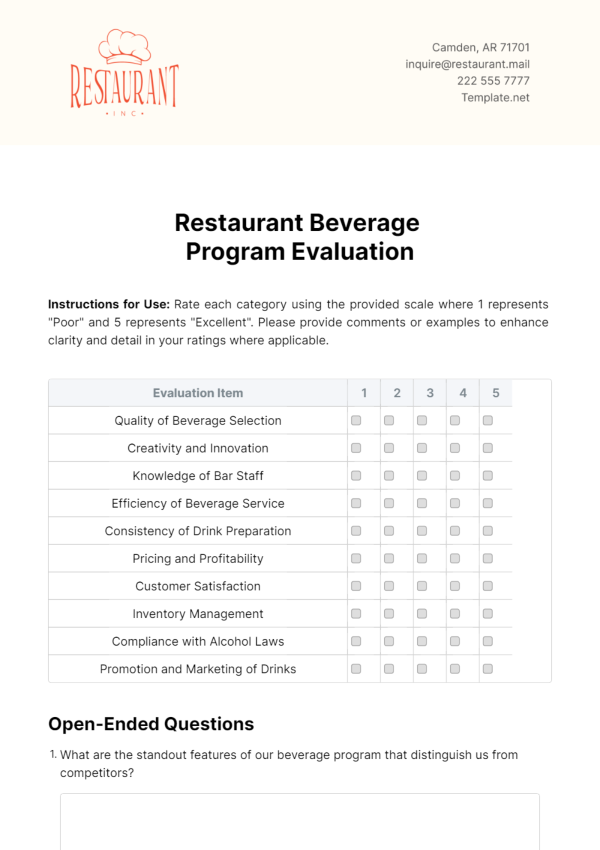 Restaurant Beverage Program Evaluation Template - Edit Online & Download