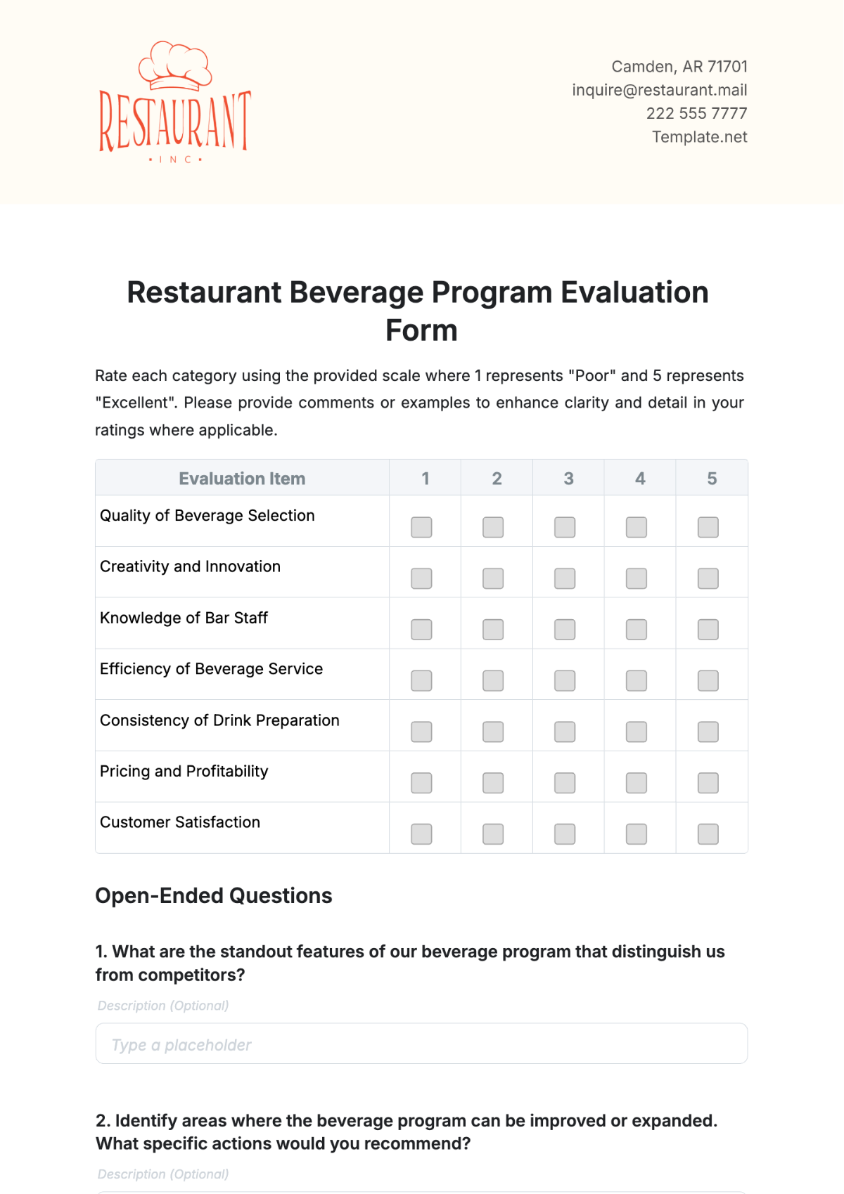 Free Restaurant Beverage Program Evaluation Template to Edit Online