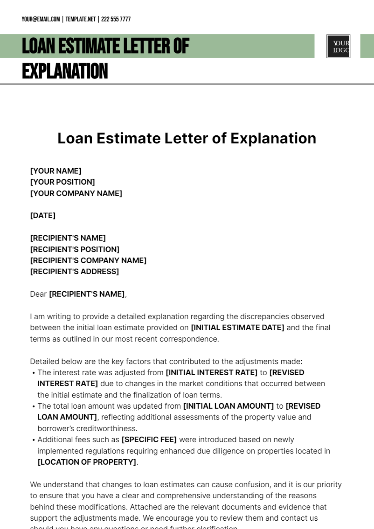 Loan Estimate Letter Of Explanation Template - Edit Online & Download