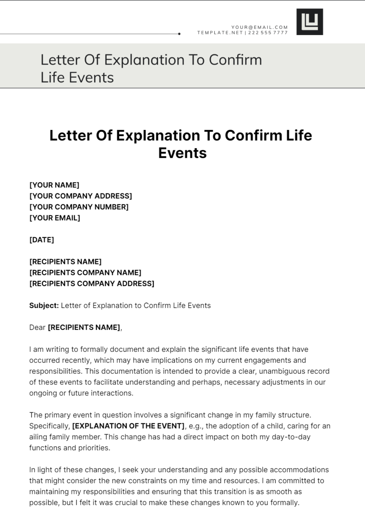 Letter Of Explanation To Confirm Life Events Template - Edit Online & Download