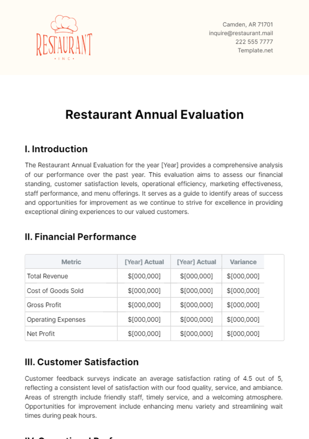 Restaurant Annual Evaluation Template - Edit Online & Download