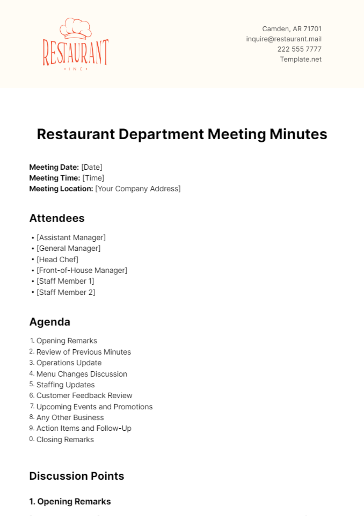 Free Restaurant Department Meeting Minutes Template