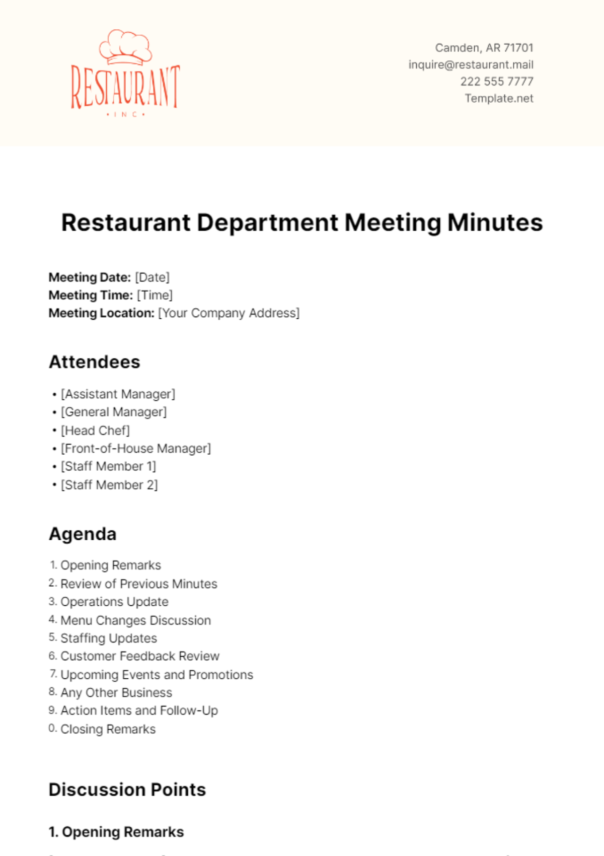 Restaurant Department Meeting Minutes Template - Edit Online & Download