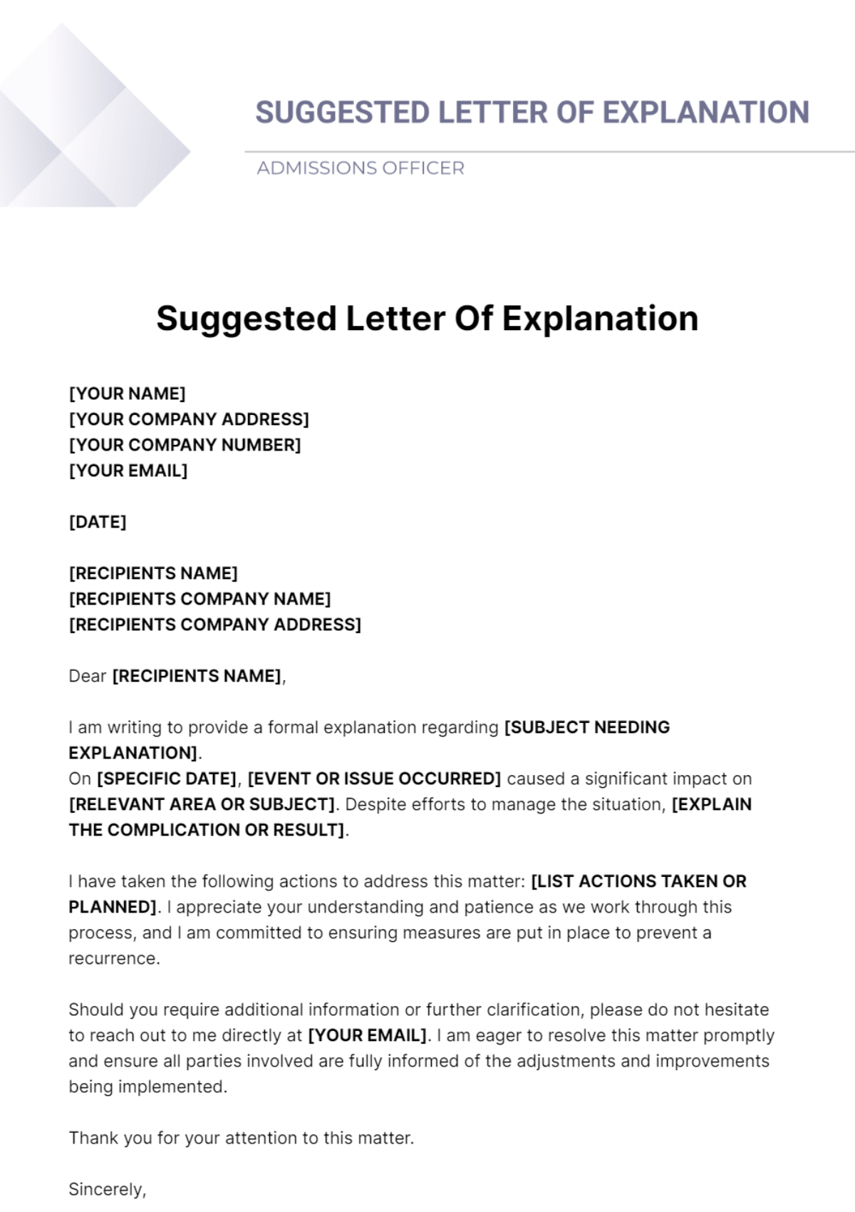 Suggested Letter Of Explanation Template - Edit Online & Download